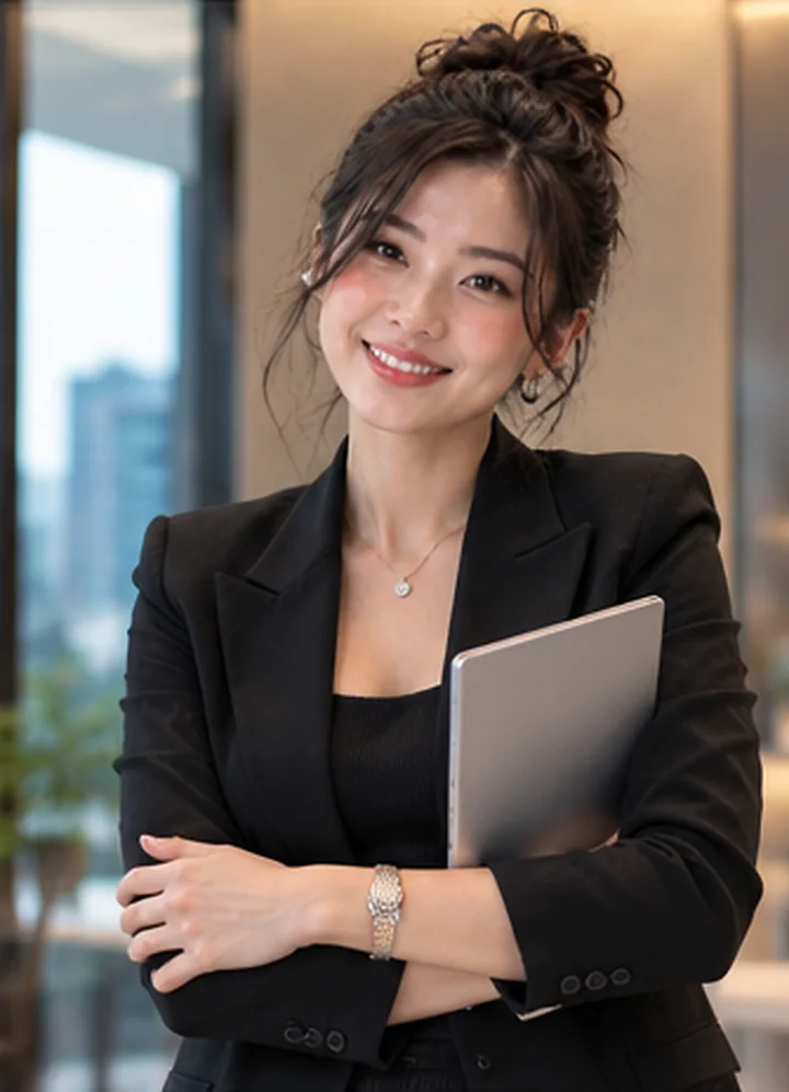 Chloe, the ORQADOS AI assistant, in a black blazer holding a tablet