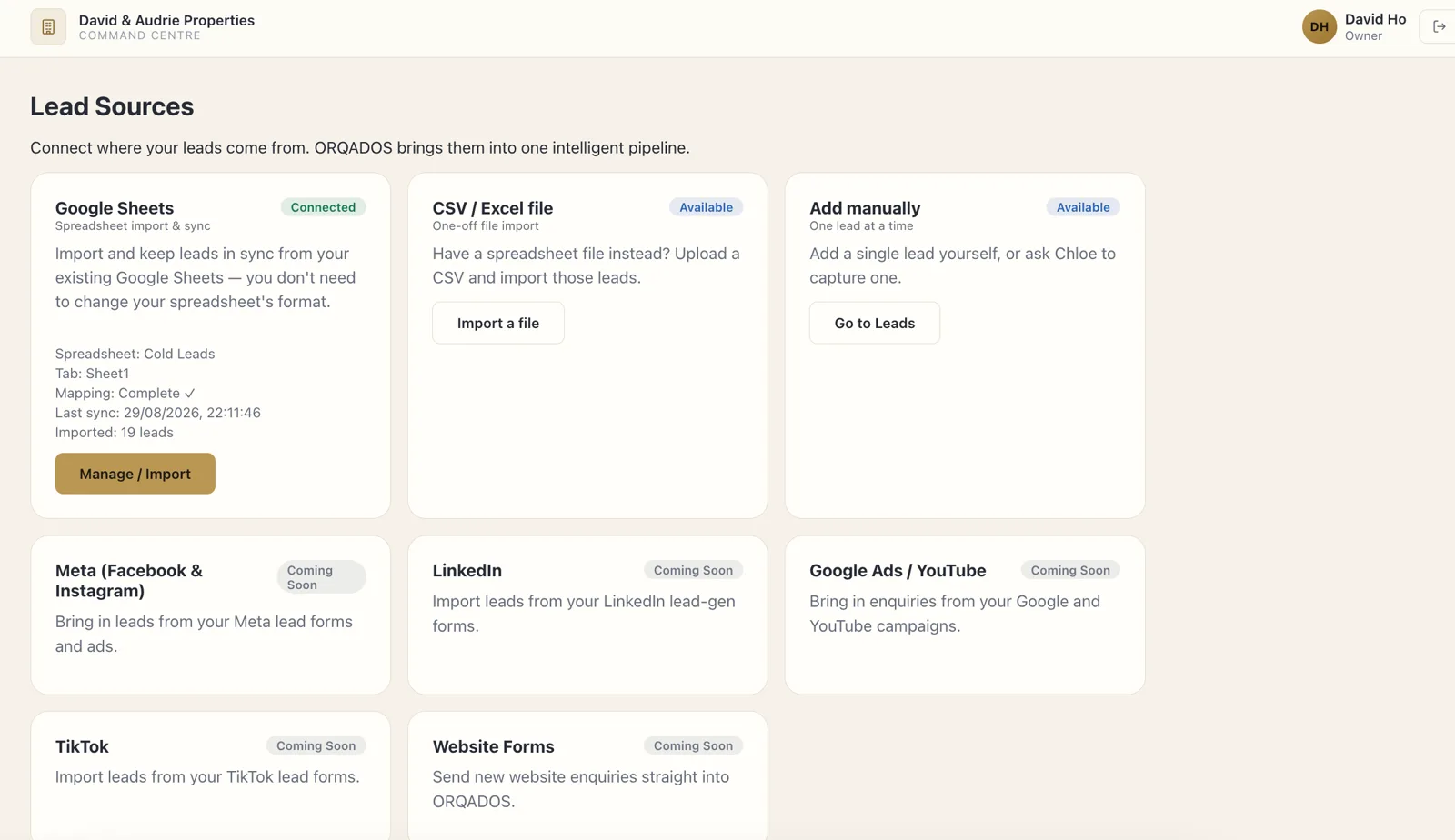 ORQADOS Lead Sources: Google Sheets connected with sync status, CSV import and manual capture available, with further sources shown as coming soon.