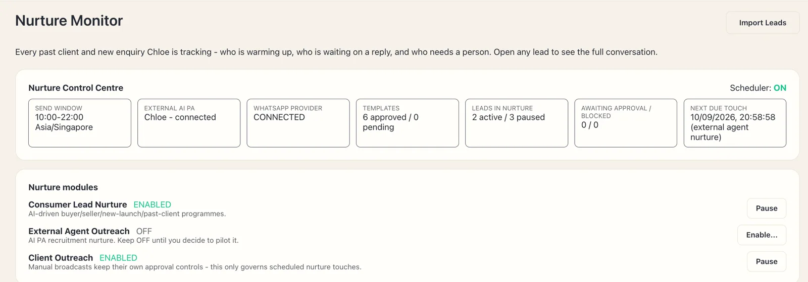ORQADOS Nurture Monitor: nurture control centre with send window, connected AI PA and WhatsApp provider, approved templates, leads in nurture and per-module controls.