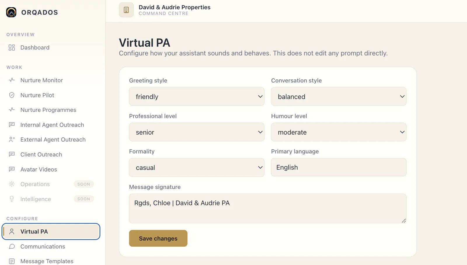 ORQADOS Virtual PA configuration: greeting style, conversation style, professional level, humour, formality, language and message signature.